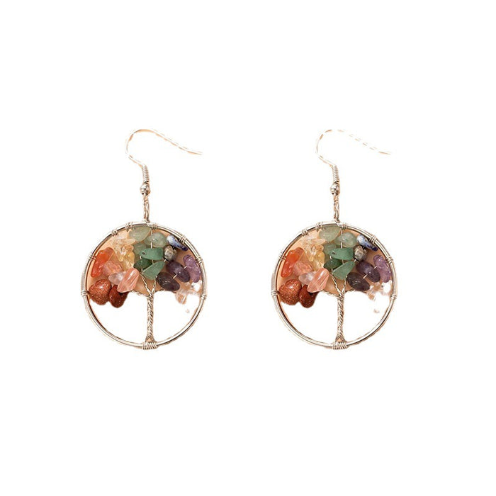 Imitation Natural Stone Tree of Life Earrings Geometric Round Ear Hooks