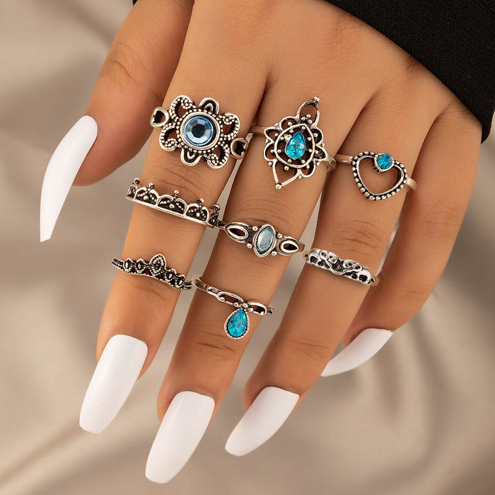 Blue Heart Ring Set - 8-Piece Vintage Hollow Flower Rings