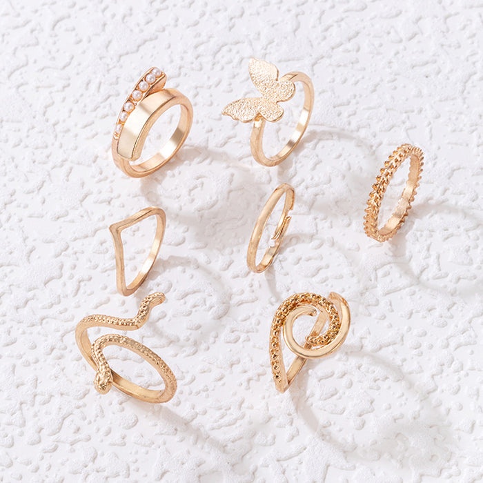 Elegant Pearl Butterfly and Snake Ring Set - 7-Piece Geometric Animal Rings