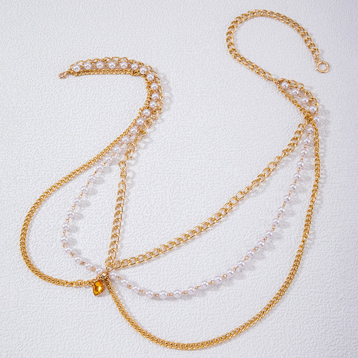 Gold Gemstone Pendant Imitation Pearl Vintage Waist Chain