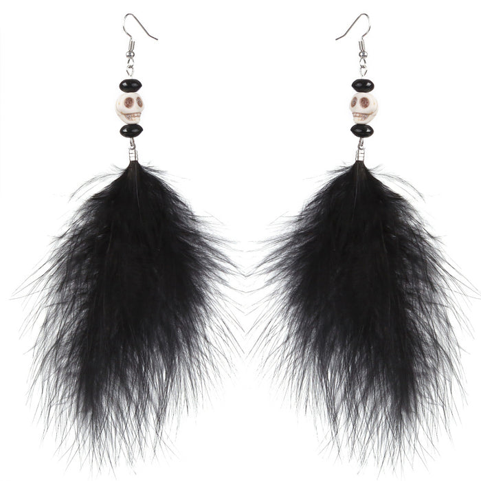 Halloween Skull Feather Earrings with Gothic Black and Red Design