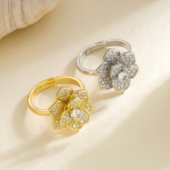 Wholesale copper micro-painted zircon flower rotating open ring