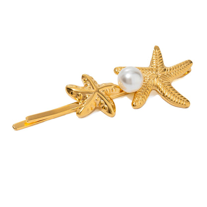 Stainless Steel Starfish Hair Clip with Pearl - High-End Metal Bangs and Stray Hair Clip