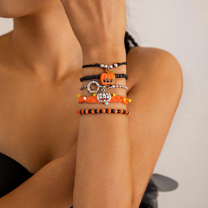 Juego de pulseras de cuentas de calabaza de Halloween: joyería creativa de cinco piezas