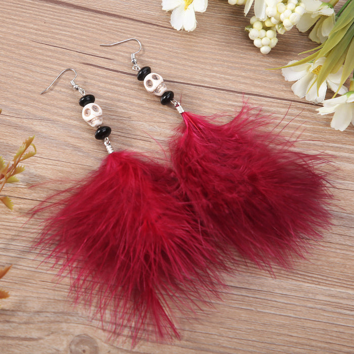 Halloween Skull Feather Earrings with Gothic Black and Red Design