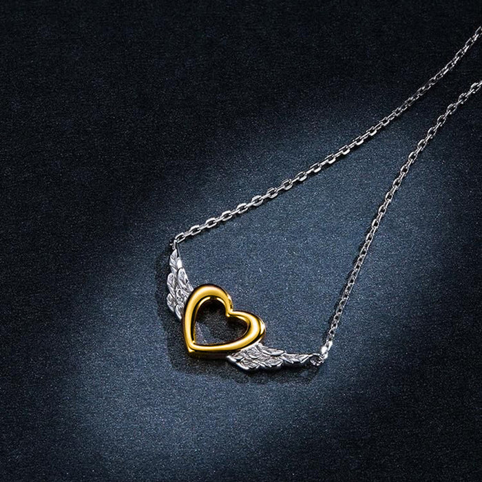 Love Heart Hollow Angel Wings Necklace Two-color Design Pendant
