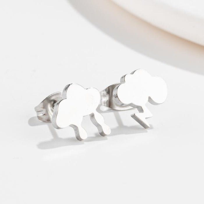 Cloud and Lightning Stainless Steel Stud Earrings - Asymmetric Weather-Themed Jewelry