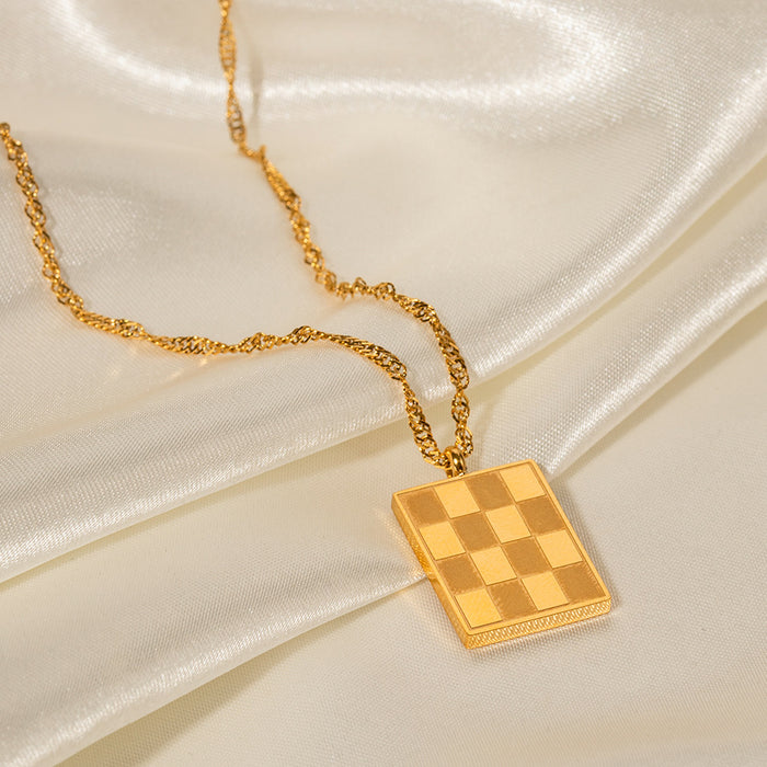 Vintage Checkered Square Pendant Necklace with Gold-Plated Stainless Steel Chain - Women's Fashion Jewelry