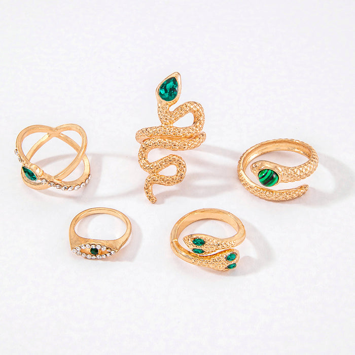 Punk Style Gemstone Snake Ring Set - 5pcs Exaggerated Eye Rings