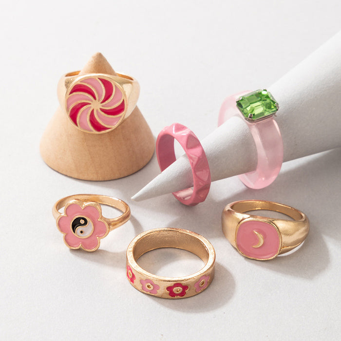 Macaron Acrylic Flower Colorblock 6-Piece Ring Set