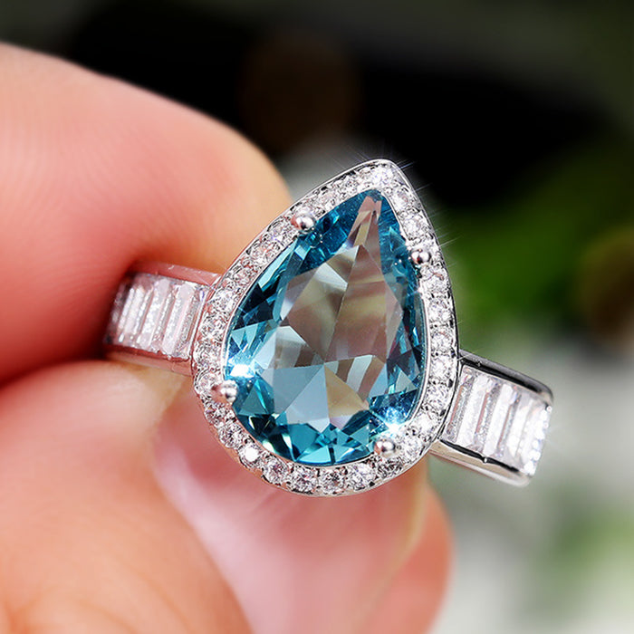 Sea blue teardrop engagement ring internet celebrity diamond female ring