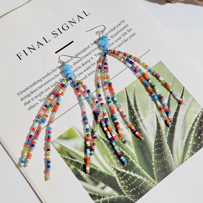 Bohemian Beaded Tassel Earrings Blue Gravel Design Earrings