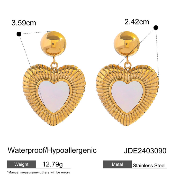 Pendientes de acero inoxidable dorado de 18 quilates con forma de corazón texturizado y concha natural en forma de bola dorada: joyería de acero de titanio de moda