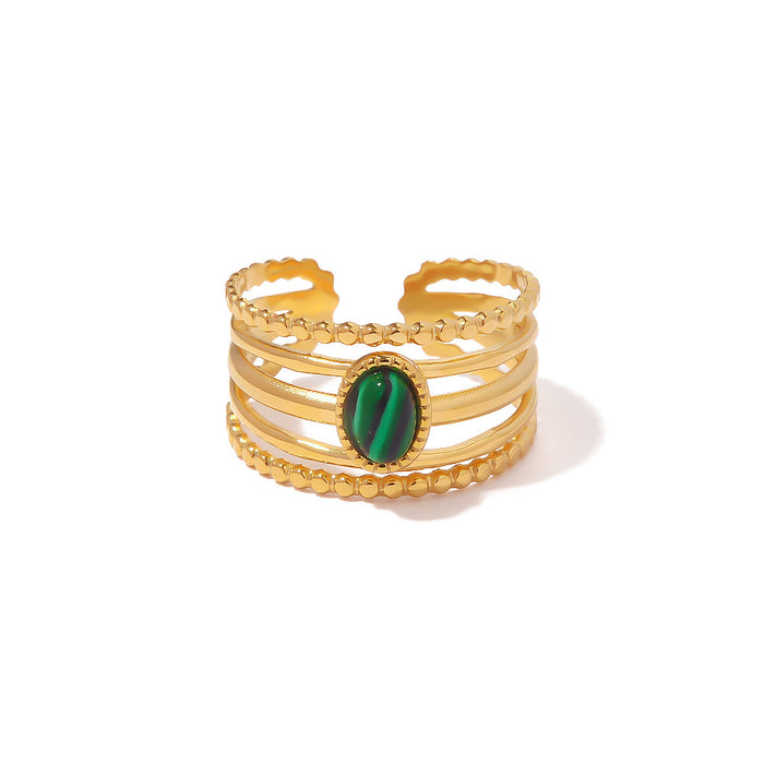 18K Gold Plated Ring with Inlaid Malachite - Women's Stylish Open Ring