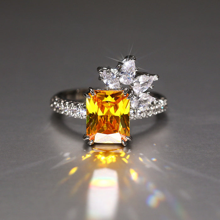 Princess square diamond zircon ring vintage yellow diamond flower index finger ring