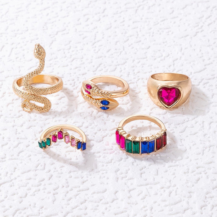 Colorful Heart Snake Crystal Gemstone Ring Set - 5pcs Stylish Rings