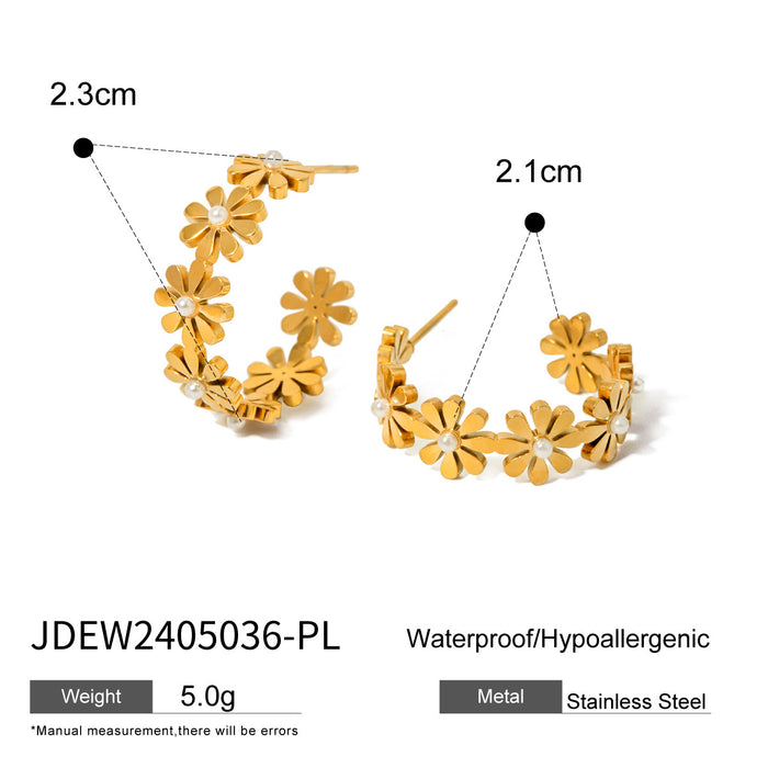 INS 18K Gold Stainless Steel Daisy Pearl C-Shaped Earrings - Fresh Simple Titanium Steel Jewelry