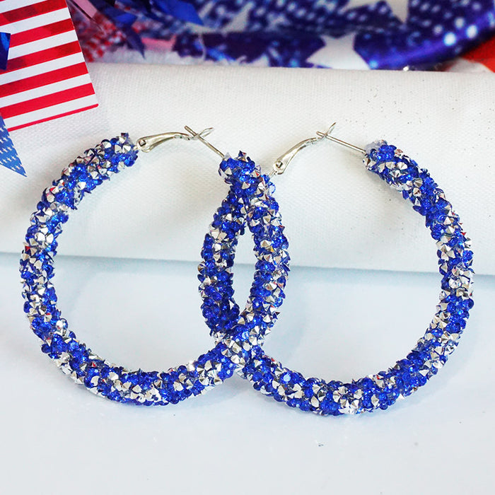 Independence Day Hoop Earrings with Sparkling Rhinestones in Patriotic Colors