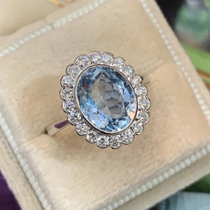 Anillo de circonita ovalada de color azul marino con forma de flor para mujer, joyería exquisita