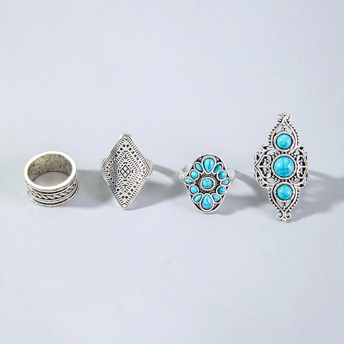 Vintage Turquoise Ring Set - 4pcs Ethnic Style Wheat Pattern Rings