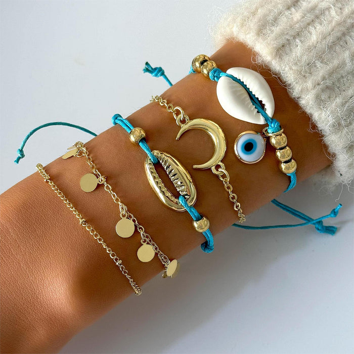 Turquoise Bead and Shell Bracelet Set with Bohemian Design - Five Pieces