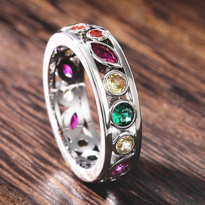 Hollow multi-color couple ring color zircon design