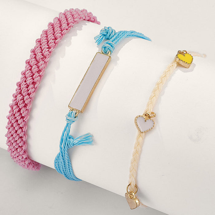 Bohemian Three-Piece Bracelet Set with Heart Pendant and Woven Rope - Casual Beach Jewelry