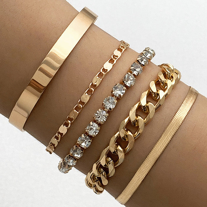 Minimalist Punk-Style Stacking Bracelet Set - Geometric Diamond-Studded Design