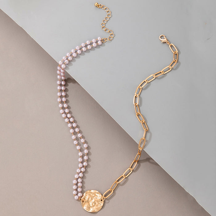 Asymmetric Pearl Chain with Unique Round Disc Single Layer Trendy Clavicle Necklace