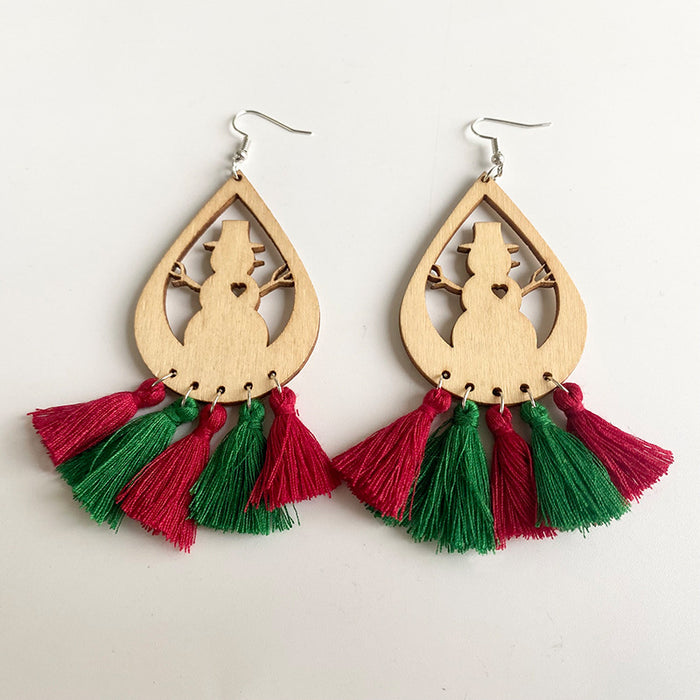 Christmas Wooden Tassel Earrings with Christmas Tree, Snowman, and Reindeer Cutouts