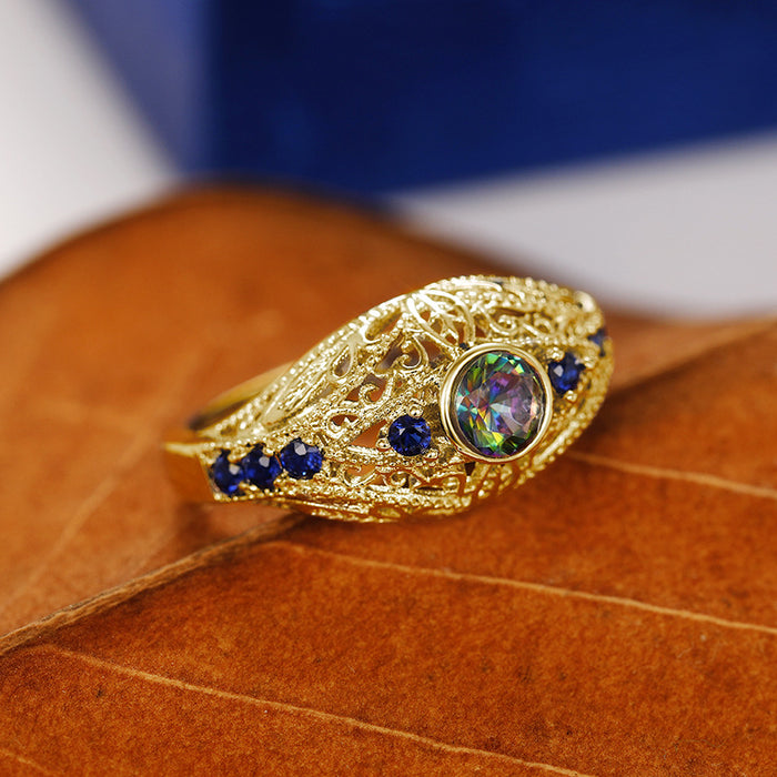 Hollow Carved Colorful Glass Diamond Ring Retro Foreign Trade Ring