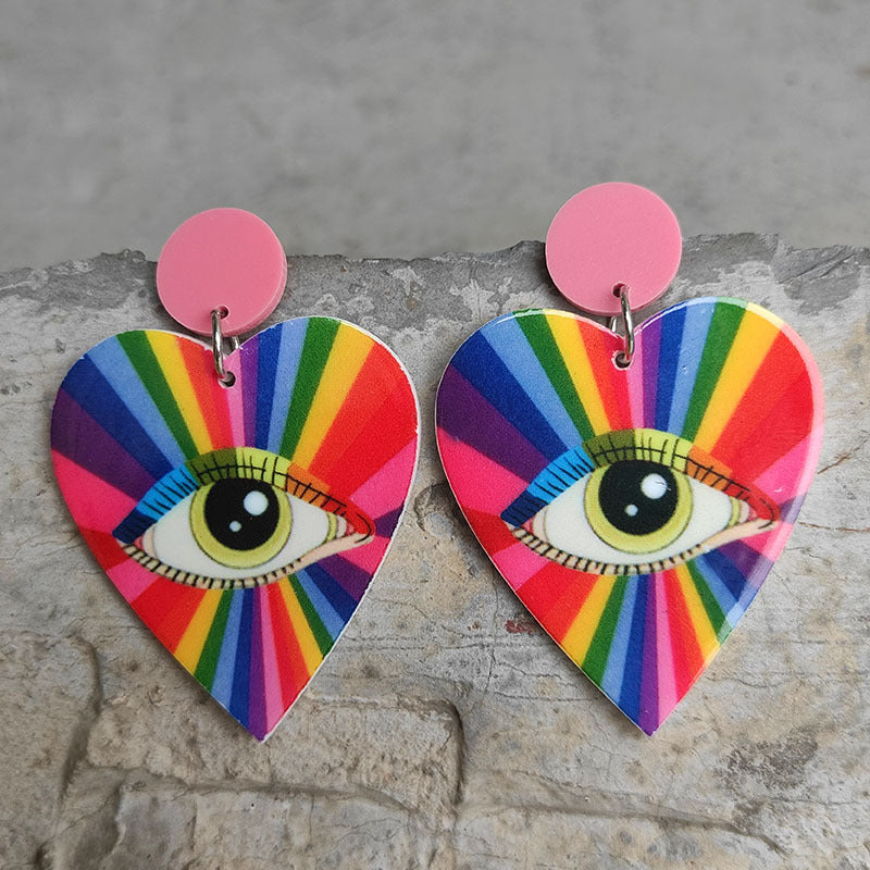 Retro Disco Ball Heart and Eye Earrings with Rainbow Design - wallojewerly 