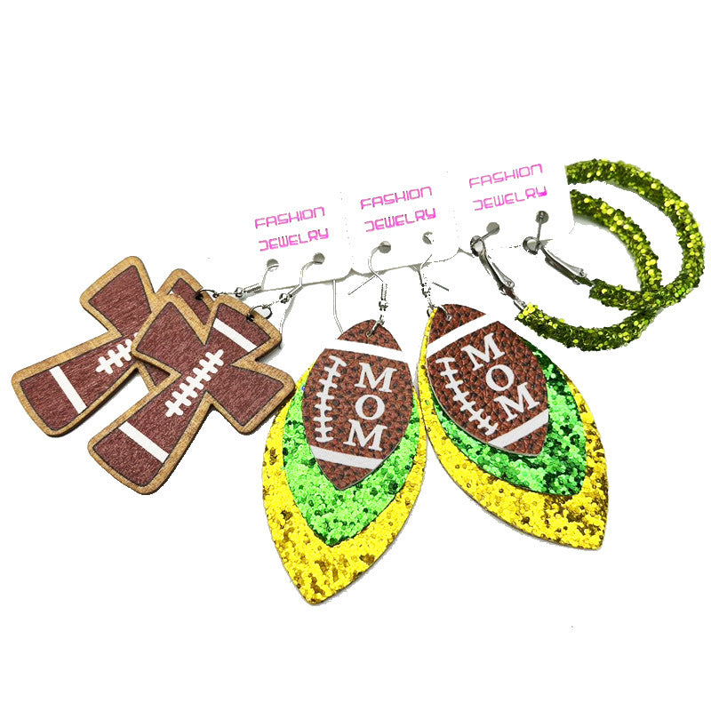 Football Mom Leather Earring Set with Cross and Glitter Hoop Design