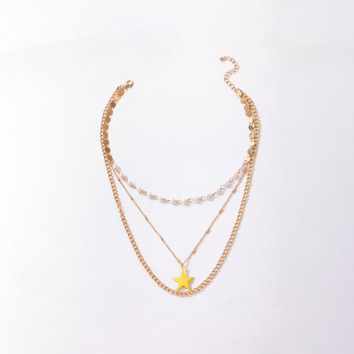 Yellow Painted Star Triple-Layer Necklace - Pearl Geometric Round Piece Multilayer Choker