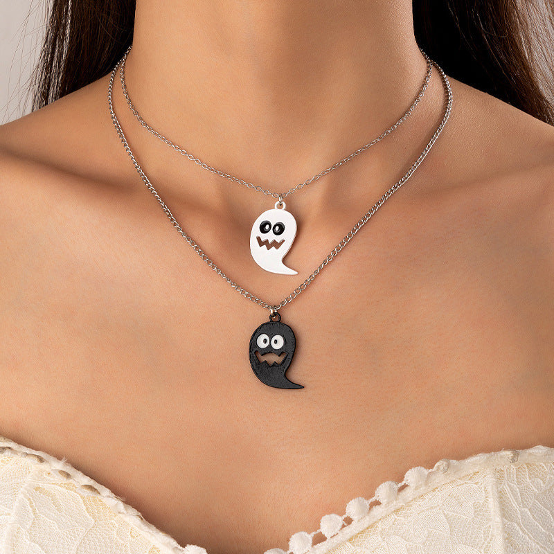 Halloween Ghost and Pumpkin Pendant Necklace - Festive Single-Layer Chain