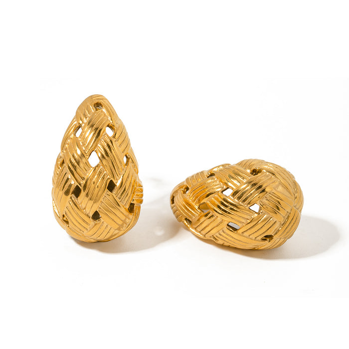 Cross-Border  18K Gold Stainless Steel Weave Texture Teardrop Earrings - Gold Titanium Steel Jewelry