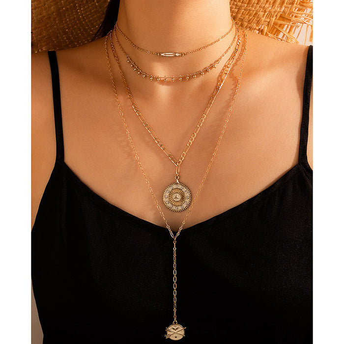 Pearl Flower Multi-Layer Necklace with Geometric Metal Round Disc Design