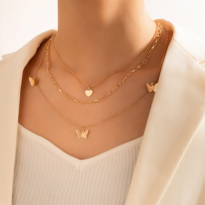 Simple Geometric Multi-Layer Necklace Set - Heart and Butterfly Three Pieces