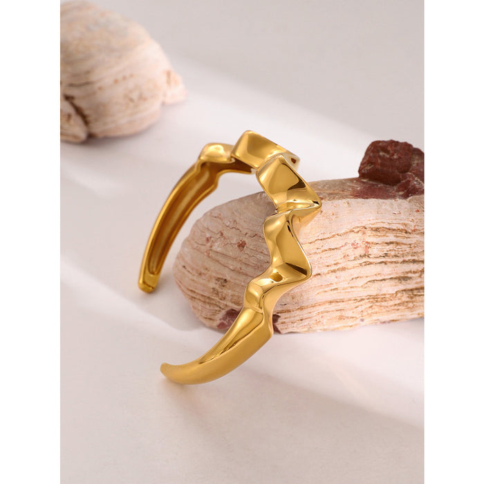 18K Gold Plated Stainless Steel Textured Wave Open Cuff Bracelet - Trendy Jewelry for Women