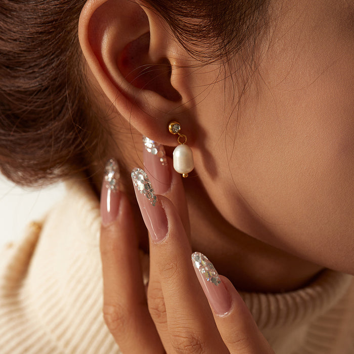 Aros de perlas de agua dulce vintage francesas: aros de acero inoxidable chapados en oro de 18 quilates para mujer