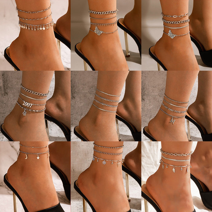 Cold Metal Butterfly Geometric Tassel Hollow Butterfly Anklet Four-Piece Set