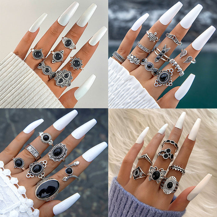 New Vintage Ethnic Gemstone Butterfly Snake Ring Set – Versatile Black Enamel Rings, 10-Piece Collection