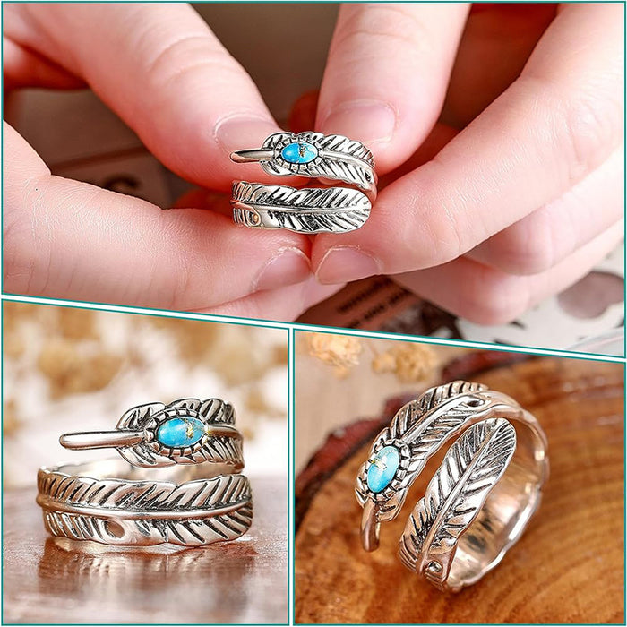 Vintage Bohemian style ring inlaid with feathers adjustable single ring