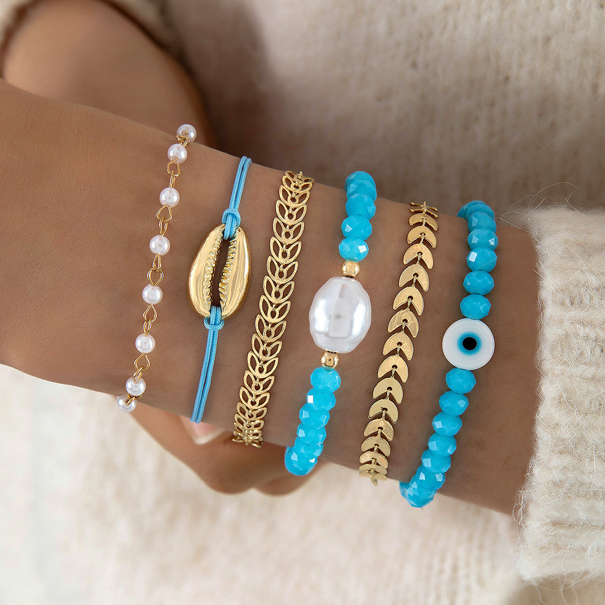 Turquoise Bead and Shell Bracelet Set with Bohemian Design - Five Pieces