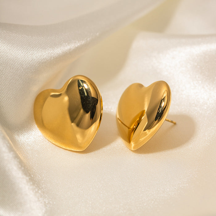 18K Gold Stainless Steel Heart Earrings - Polished Unique Design Jewelry