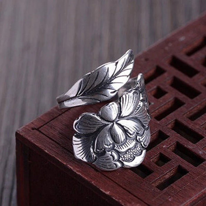 Peony flower open ring retro style national beauty female ring