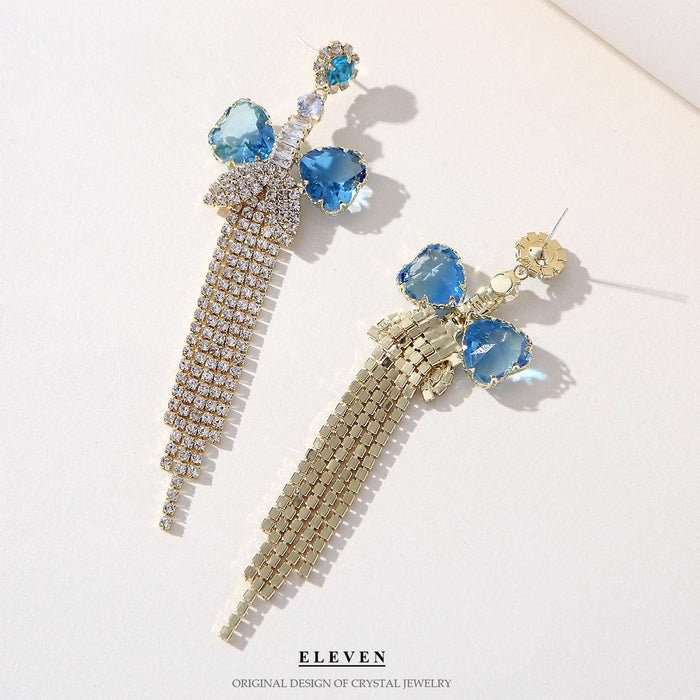 Blue full diamond tassel chain earrings