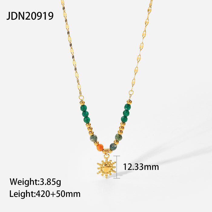 French Style 18K Gold-Plated Titanium Steel Necklace - Natural Stone Sun Pendant on Stainless Steel Chain