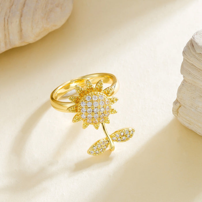 Wholesale copper micro-painted zircon full diamond sunflower rotating open ring