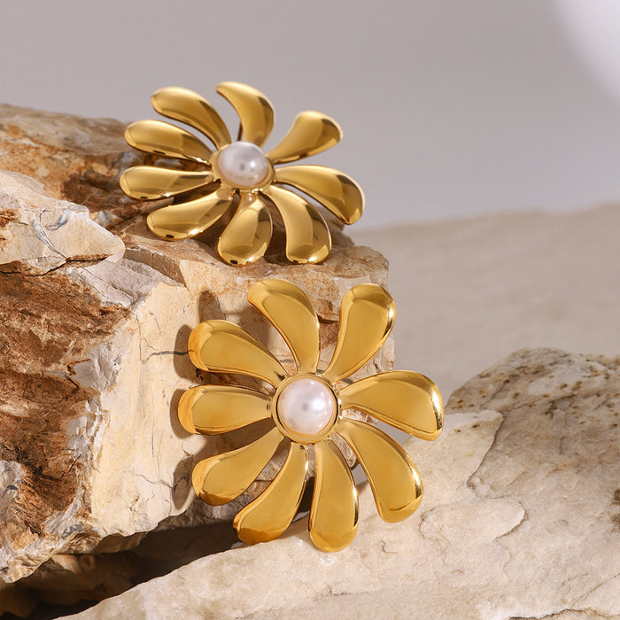 18K Gold Stainless Steel Woven Texture Ring with Pearl Inlay